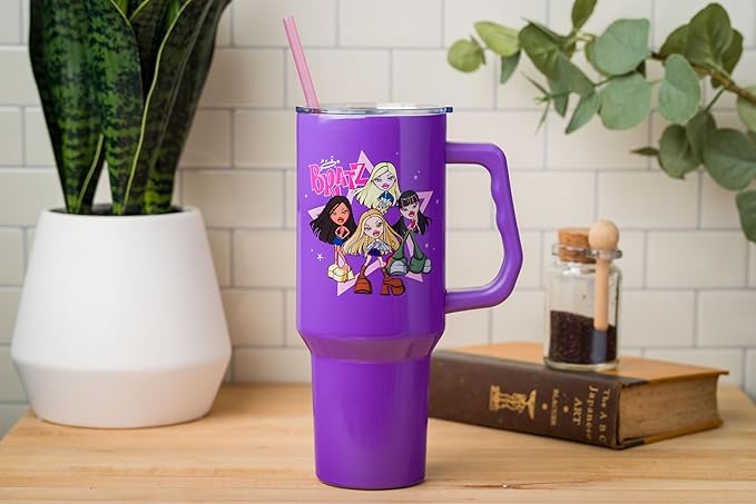 Silver Buffalo Bratz Featuring Cloe, Yasmin, Jade, and Sasha Stainless Steel Tumbler with Handle and Straw, Fits in Standard Cup Holder, 40 Ounces
