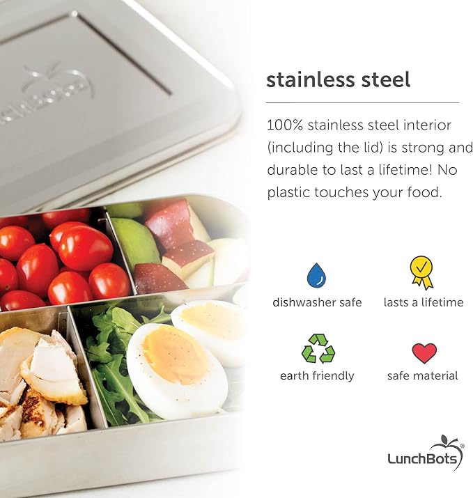 LunchBots Medium Uno Stainless Steel Sandwich Container - Open Design for Wraps - Salads or a Small Meal - Eco-Friendly - Dishwasher Safe and BPA-Free - Blue Dots