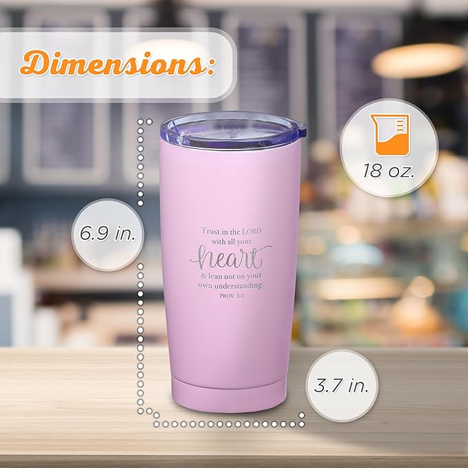 Christian Art Gifts Stainless Steel Double-Wall Vacuum Insulated Travel Mug 18 oz Pink Tumbler with Lid for Women Inspirational Bible Verse - Trust in the Lord - Proverbs 3:5
