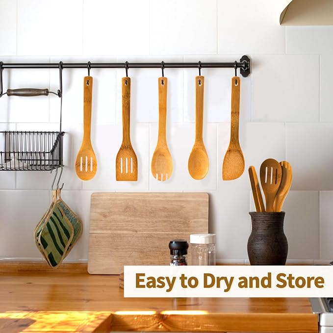 Wooden Spoons for Cooking 7-Piece, Kitchen Nonstick Bamboo Cooking Utensils Set, Carbonized Bamboo Durability Spatula Spoon for Everyday Use