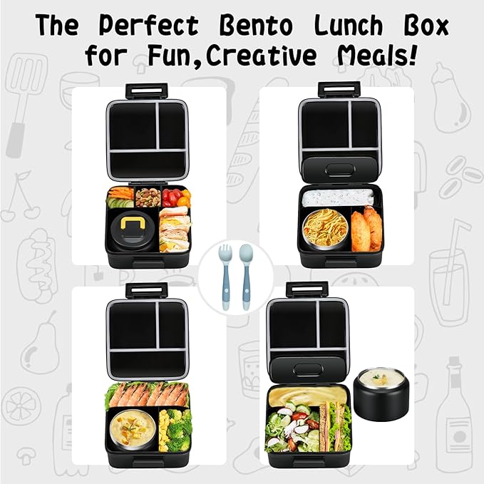 Bento Lunch Box for Kids With 8oz Soup Thermo,Leak-proof Lunch Containers with 5 Compartment,Thermo Food Jar and Lunch Bag, Food Containers for School (A-Black(Circumnavigate Space))