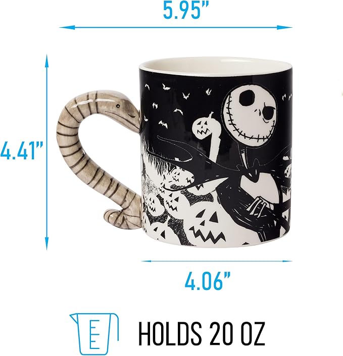 Silver Buffalo Disney Tim Burton's Nightmare Before Christmas Jack Skellington and Moonlight Snake 3D Sculpted Handle Ceramic Mug, 20 Ounces