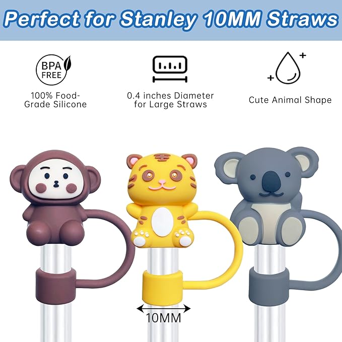 5PCS Straw Cover Cap for Stanley Cup, Silicone Cute Animal Straw Topper for Stanley 30&40 Oz Tumbler with Handle, 10mm 0.4in Dust-Proof Reusable Straw Tips Lids. (Color 9)