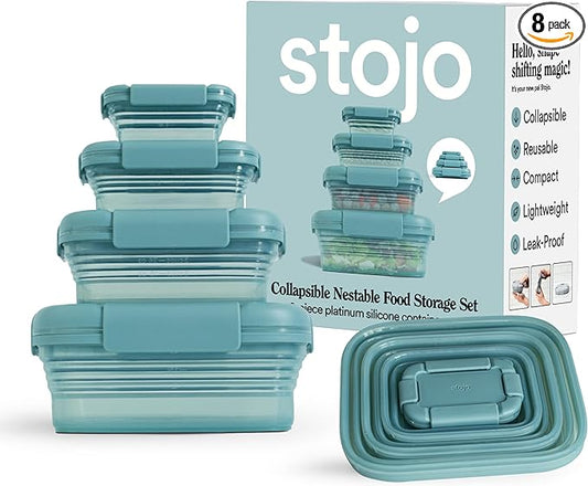Stojo Nestable Collapsible Food Storage Container -Set of 4, Eucalyptus- Leak-Proof Airtight Seal Made With Food Grade Silicone For Meal Prep, Lunch Box, Pantry Organizer - Microwave & Dishwasher Safe