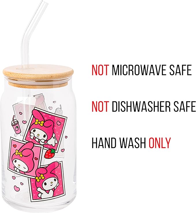 Silver Buffalo Sanrio Hello Kitty and Friends My Melody Polaroids Glass Jar Tumbler with Bamboo Lid and Glass Straw, 16 Ounces