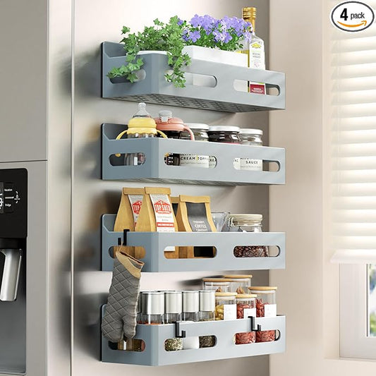 4 Pack Magnetic Spice Rack for Refrigerator, Spice Rack Organizer, Moveable Magnetic Shelf Fridge Organizer with 4 Hooks for Kitchen and Oven Organization, Grey
