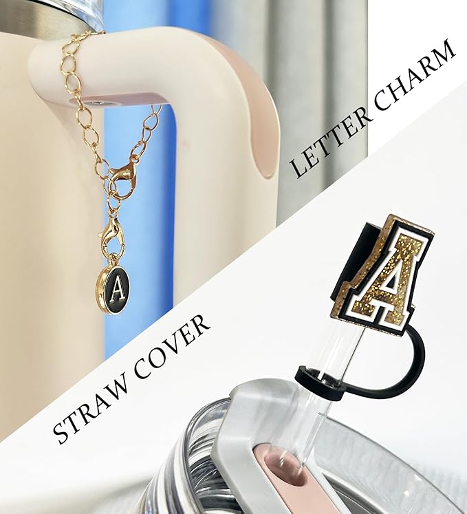 （3 +3) 3PCS Nuozme Straw Cover 10mm For Stanley Tumbler Cup Reusable Straw Cap Topper with 3 Initial Letter Charms Accessories Name ID Personalized Handle Charm For Stanley 30&40 Oz Cup Tumbler