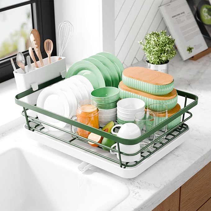Kitsure Dish Drying Rack for Kitchen Counter, Stainless Steel Sink Organization and Storage Essentials with Cutlery Holder, Home and Appartment Decor, 12''W x 15.5''L, Green