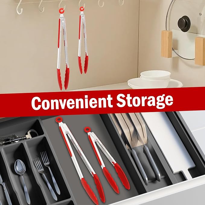 Silicone Kitchen Tongs for Cooking - 9+12 Inch Heat-Resistant Stainless Steel Cooking Tongs with Non-Slip Handle, Non-Scratch Tips for, BBQ, Salad & Air Fryer - 2-PieceRedSet