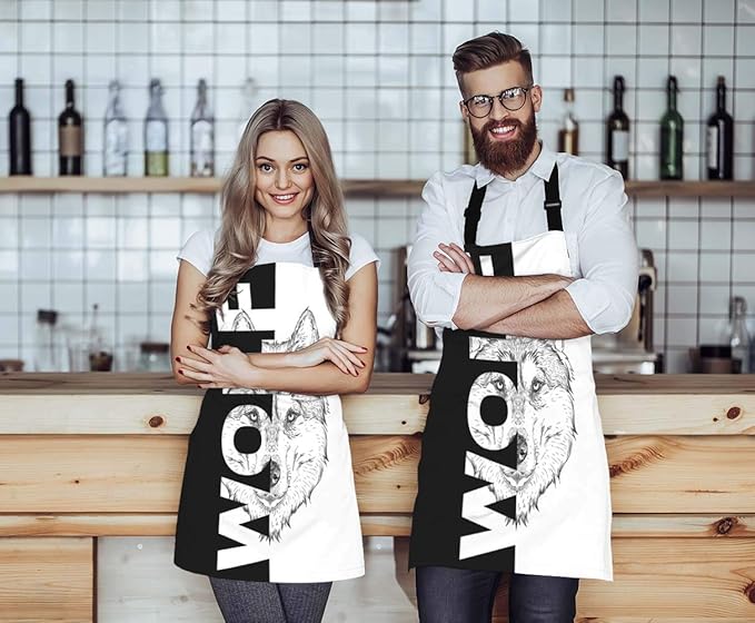 EKOBLA Wolf Aprons Hand Drawn Portrait Tattoo Animal Cool Creative Sketch Art Waterproof Resistant Chef Cooking Kitchen BBQ Adjustable Aprons for Women Men 27x31 Inch