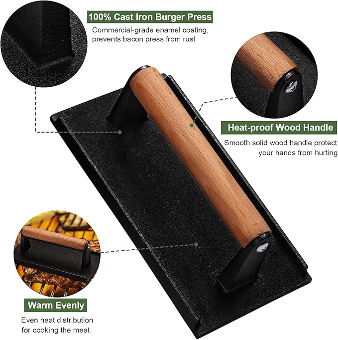 EWFEN Burger Press, 7" Round & 8.2"X4.3" Rectangle Heavy-Duty Cast Iron Smash Bacon Press Meat Steak with Wood Handle for Griddle, Sandwich, Nonstick Pan
