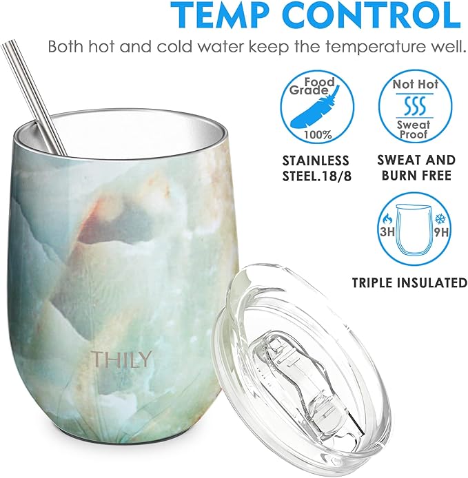 THILY Stemless Wine Tumbler Vacuum Insulated 12 oz Triple-Insulated Stainless Steel Wine Glass with Lid, Straw, Keep Cold for Coffee, Cocktails, Opal Marble