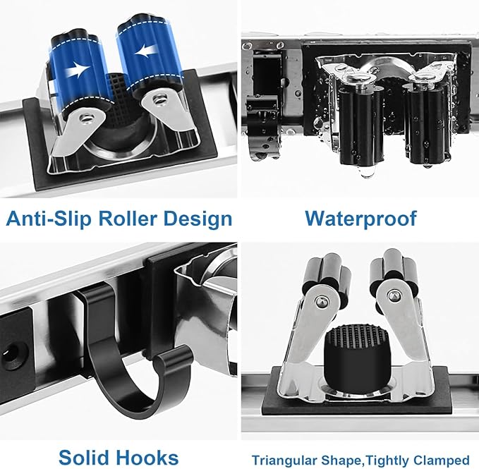 Mop and Broom Holder Wall Mount Metal Heavy Duty Utility Hooks Broom Organizer Garage Storage Systems Tool Racks for Home Laundry Garden Kitchen Organization (Black, 1 Pack 4R5H)