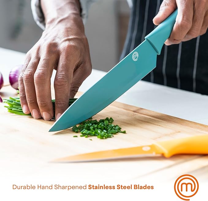 MasterChef Kitchen Knives Set with Covers incl. Paring, Boning, Carving, Bread, Santoku & Chef Knife, Sharp Cutting Stainless Steel Blades with Sheaths, 12 Piece (6 Colored Knives & 6 Covers)