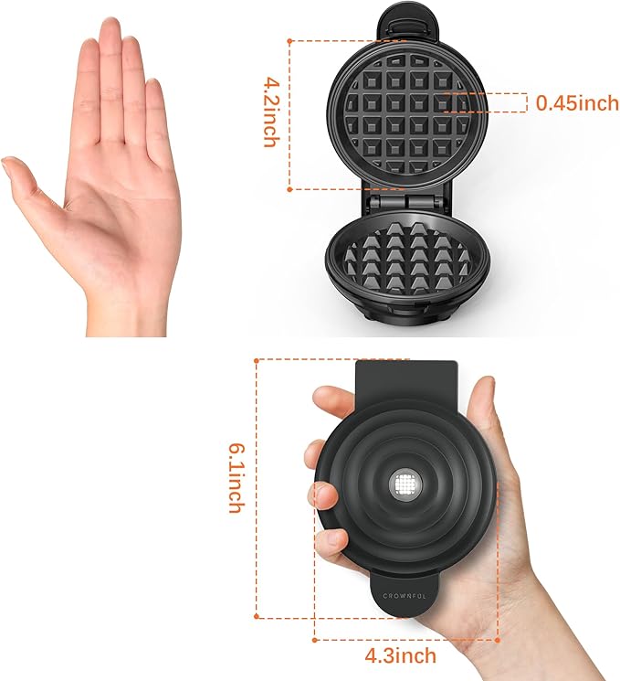 CROWNFUL Mini Waffle Maker, 4" Chaffle Maker with Compact Design, Easy to Clean, Non-Stick Surface, Recipe Guide Included, Perfect for Breakfast, Dessert, Sandwich, or Other Snacks