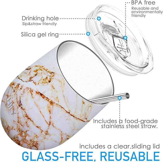 THILY Stainless Steel Stemless Wine Glass Triple Vacuum Insulated Tumbler Travel Cute Cup with Lid, Reusable Straw, Keep Cold & Hot for Wine, Coffee, Xmas Gift, Gold Marble