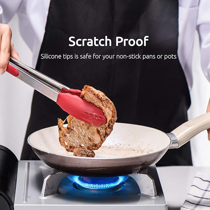 U-Taste Kitchen Tongs, 7/9/12 inches Cooking Tongs, with 600ºF High Heat-Resistant Non-Stick Silicone Tips, 18/8 Stainless Steel Handle, for Food Grill, Salad, BBQ, Frying, Serving, Pack of 3(Red)