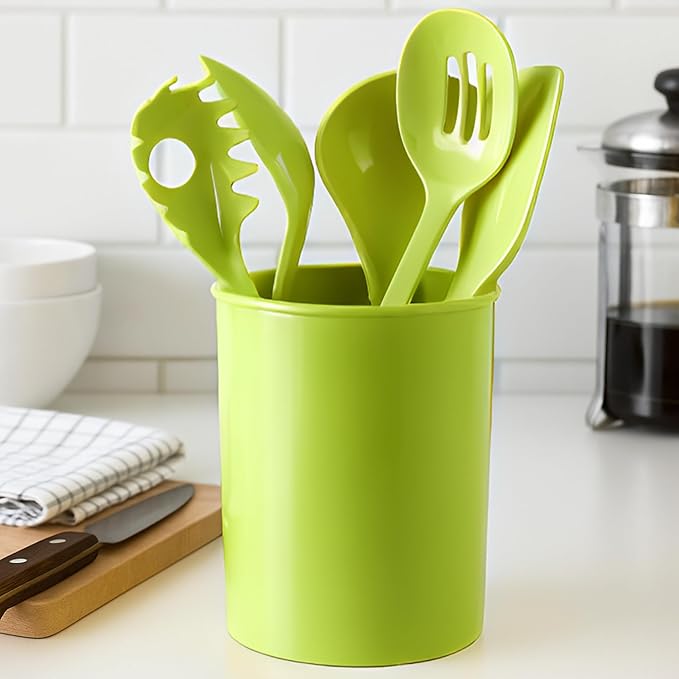 Reston Lloyd 6 Piece Kitchen Utensil Holder for kitchen counter, Utensils crock with Heat Resistant Spoon, Slotted Spoon, Ladle, Spatula BPA Free, Lime