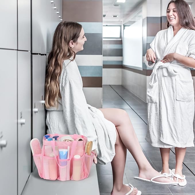 F-color Mesh Shower Caddy Portable, Upgrade Deeper 7 Pockets Shower Bag Basket Tote for College Dorm Room Toiletry Bathroom Essentials Gym Camp Quick Dry 2 handles with S Hook, Pink