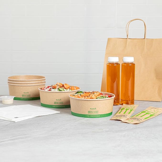 Restaurantware Compostable Paper Food Containers 200 Pack Of 37 oz BPI-Certified Round Kraft Salad Bowls Disposable Grease-Resistant Meal Prep Take Out Containers For Ice Creams, Soups, Snacks