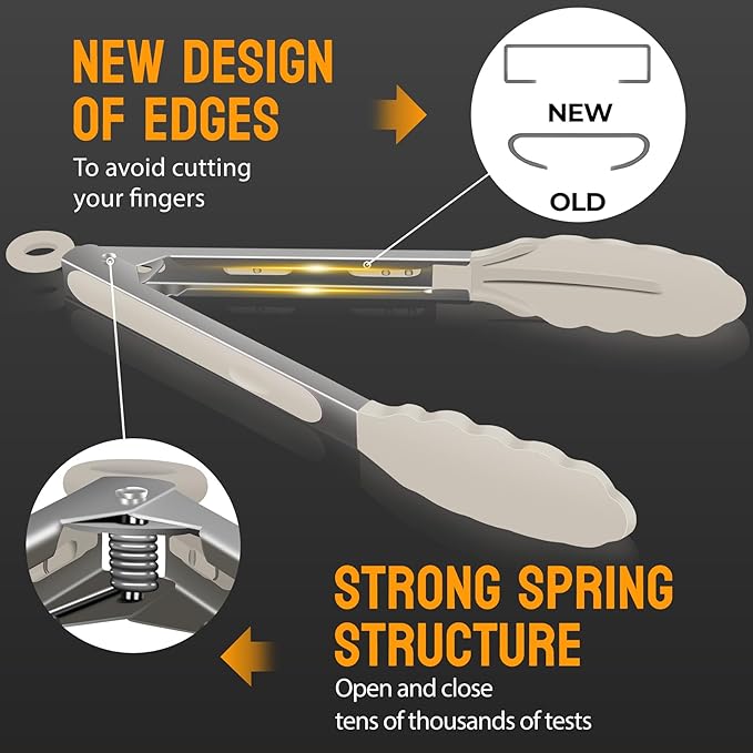 HOTEC Premium Stainless Steel Locking Kitchen Tongs with Silicon Tips, Set of 2-9" and 12",Khaki