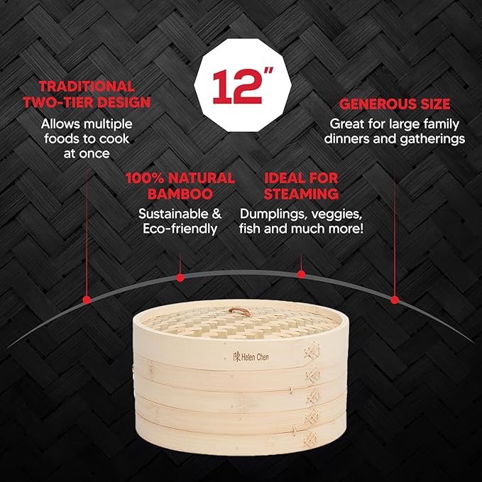 Helen's Asian Kitchen Bamboo Food Steamer with Lid - 100% Natural Bamboo - Basket Steamers for Cooking Dumplings, Dim Sum, Veggies, Fish, Meat - Preserve Nutrients & Flavors - 12-Inch