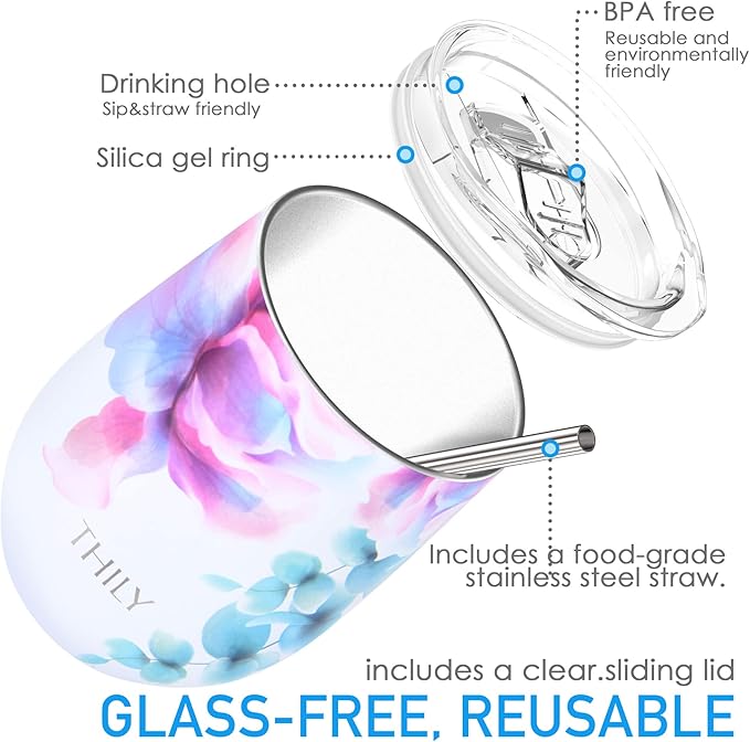 THILY Stainless Steel Insulated Wine Tumbler Stemless Wine Glass with Lid and Straw, Splash-proof, Cute Travel Cup for Coffee, Cocktails, Christmas Gift for Women, Mother, Wife, Girls, Pink Lilies
