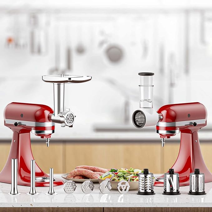 Meat Grinder and Cheese Grater Attachment for KitchenAid Stand Mixer, Slicer Shredder & Meat Grinder with Sausage Stuffer, 2 Pcs for KitchenAid Accessories and Attachments