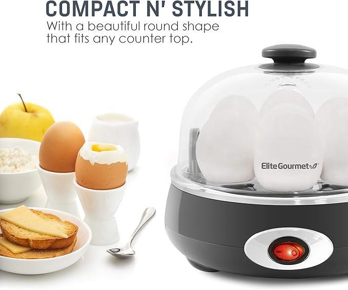 Elite Gourmet EGC007CHC# Rapid Egg Cooker, 7 Easy-To-Peel, Hard, Medium, Soft Boiled Eggs, Poacher, Omelet Maker, Auto Shut-Off, Alarm, 16-Recipe Booklet, Charcoal Grey