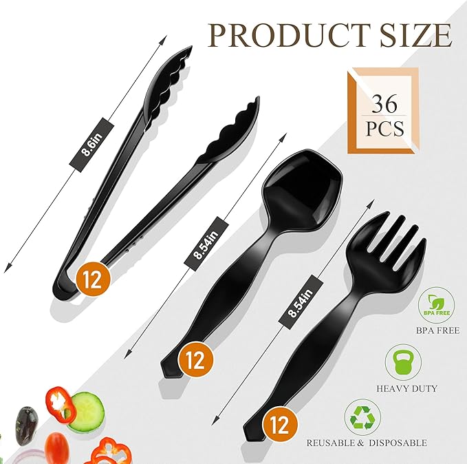 36Pcs Plastic Serving Utensils Set 9'' Large Disposable Serving Spoons Forks Tongs for Serving Food Heavy Duty Black Large Party Utensils Supplies for Buffet Restaurant Dinner Salad Noodles Soup