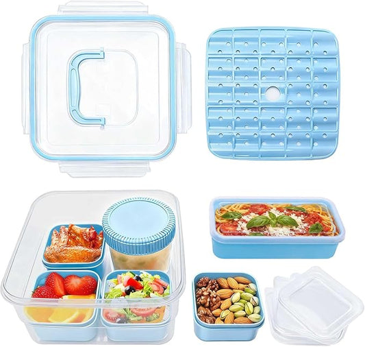 moleath Bento Box with 6 Removable Compartments Lunch Box, Microwave & Dishwasher Safe, Leakproof BPA-Free Snack Containers Ideal for Office, Picnic, Camping, Party, Travel, Blue