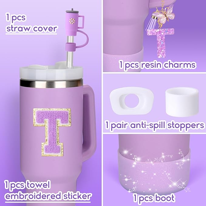 Mity rain 6PCS Cup Accessories Set for Stanley Cup 30oz 40oz tumbler with handle, Including Silicone Straw Topper Cover Cap and Boot, Spill Proof Stopper, Handle Charm, Initials Sticker (Letter T)