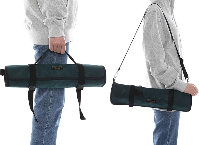 Denifiter Professional Chef's Knife Bag with Anti Cutting Fabric Inside, Heavy Duty 16oz Waxed Canvas Knife Roll, 11 Slots & Durable Handle Adjustable Shoulder Strap (Dark Green)