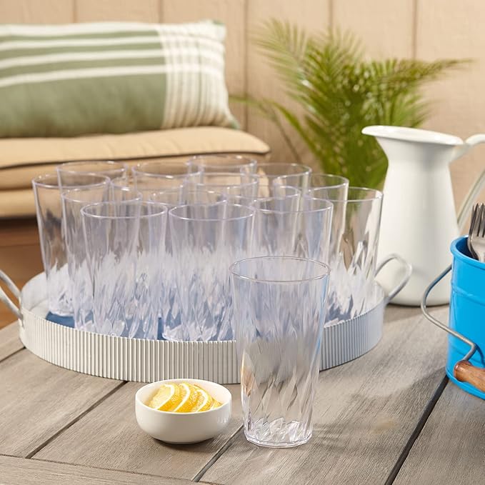 US Acrylic Palmetto [Set of 16] 20 ounce Plastic Stackable Water Tumblers in Clear, Lightweight Value Set of Drinking Cups, Reusable, BPA-free, Made in the USA, Top-rack Dishwasher Safe