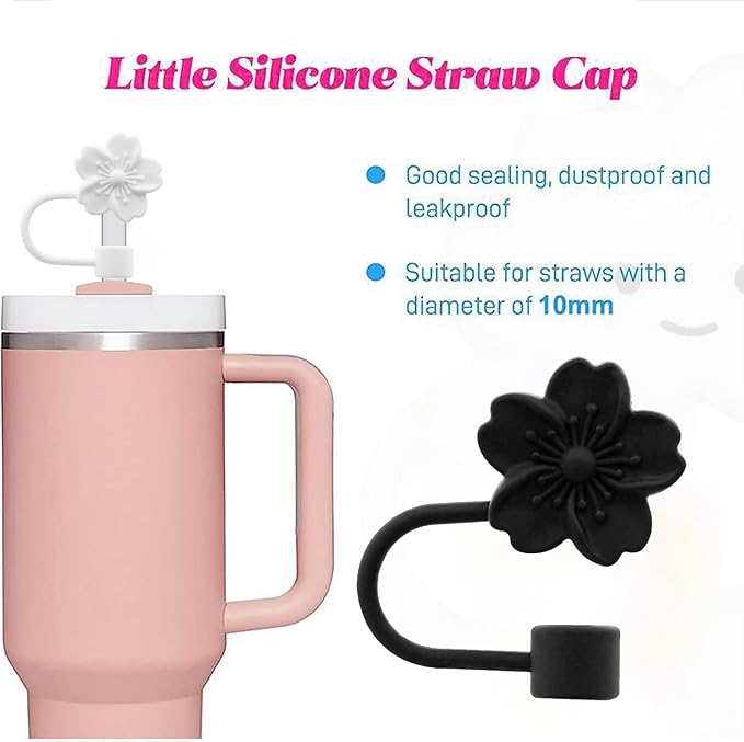 Flower Silicone Straw Cover Cap for Stanley Cup, 10 mm 0.4 in Reusable Topper Tips Lids, Gift for Party Decor (2pcs Black 2pcs White Cherry Blossom)
