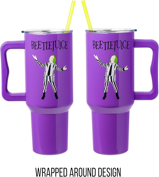 Silver Buffalo Tim Burton Beetlejuice Stainless Steel Tumbler with Handle and Straw, Fits in Standard Cup Holder, 40 Ounces