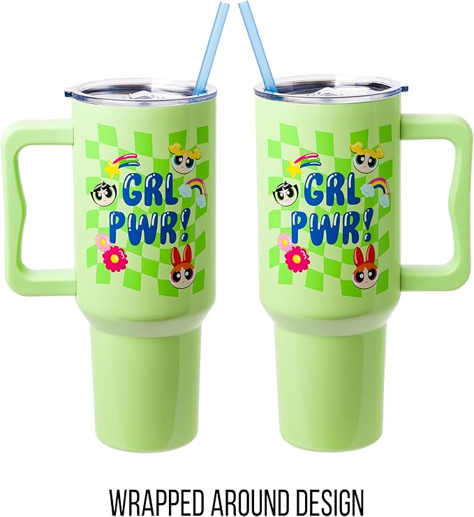 Silver Buffalo Powerpuff Girls Girl Power Groovy Retro Featuring Blossom, Bubbles, and Buttercup Stainless Steel Tumbler with Handle and Straw, Fits in Standard Cup Holder, 40 Ounces