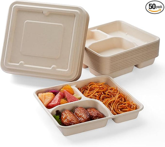 [100% Eco-Friendly] 3 Part Compartment Disposable Food Containers with Lids - Sugarcane Pulp Take Out Boxes, Biodegradable, Compostable, Microwave Safe Lunch Containers - Pack of 50 (Large)