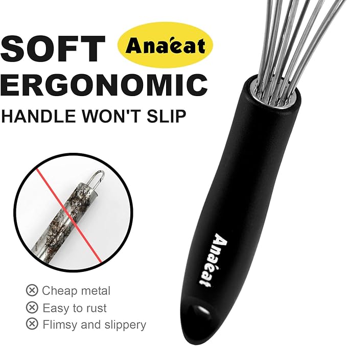 3 Packs Stainless Steel Whisk Set - Balloon Whisk, Anaeat Thick Stainless Steel Wire ＆ Strong Handles, Egg Beater for Cooking, Blending, Whisking, Beating and Stirring (8.5"+10.5"+12")