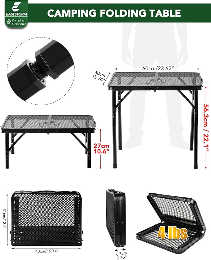 2Ft Small Folding Table with Carry Handle, Adjustable Height 10.6–22 in, Black Metal Mesh, Portable & Compact Indoor/Apartment/Card/Side/Grill Table, 23.6×15.8 in, 4 lb, 66 lb Capacity