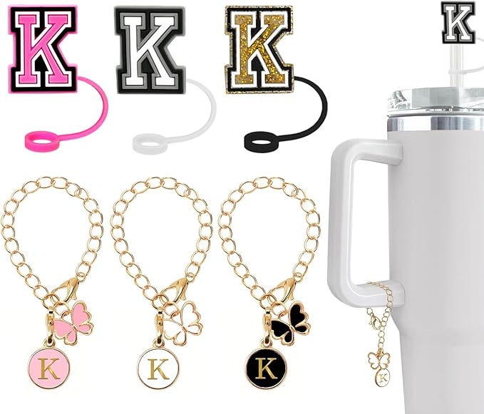 （3 +3) Nuozme Straw Cover Compatible with Stanley Tumbler Cup 3PCS Letter Straw Caps Toppers with 3 Initial Butterfly Charms Name ID For Stanley 30&40 Oz Cup