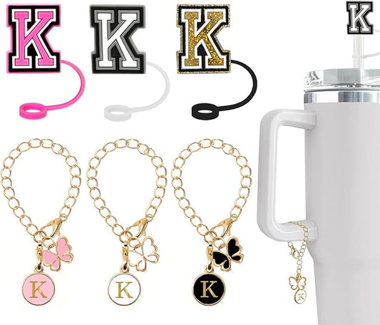 （3 +3) Nuozme Straw Cover Compatible with Stanley Tumbler Cup 3PCS Letter Straw Caps Toppers with 3 Initial Butterfly Charms Name ID For Stanley 30&40 Oz Cup