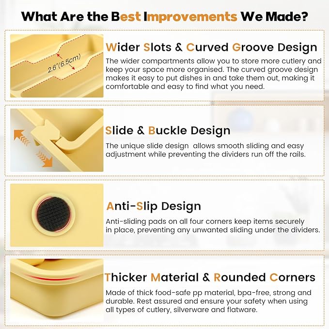 Caperci Large Silverware Organizer for Kitchen Drawer & Utensils - Expandable Drawer Organizer for Cutlery, Flatware & Gadget, BPA-Free Thick Plastic, Wider Compartments & Non-skid Feet (Desert Sand)