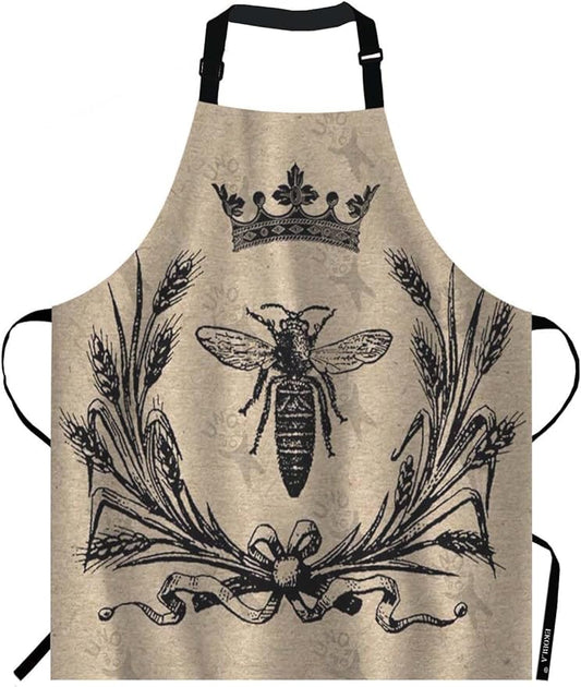 EKOBLA Bee Aprons Vintage Queen Bees Retro Crown Floral Ear Bowknot Black Waterproof Resistant Chef Cooking Kitchen BBQ Adjustable Aprons for Women Men 27x31 Inch