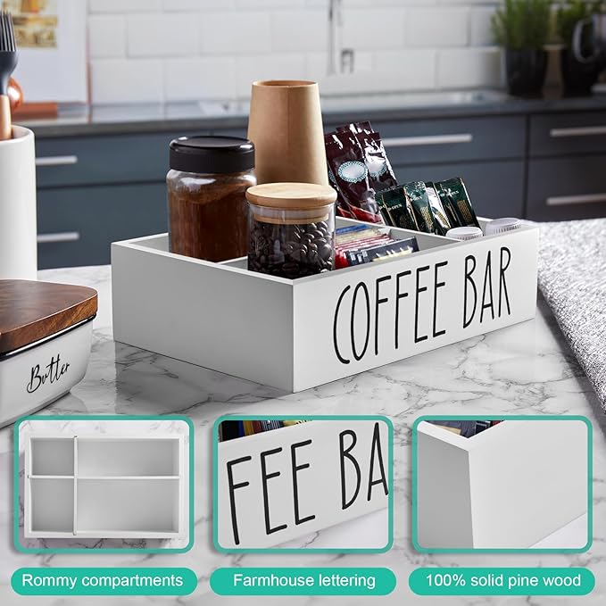 ALELION ALEION White Coffee Station Organizer - Wood Countertop Accessories Organizer with Removable Dividers for Pods Condiment Syrup Tea Cups Stirrers