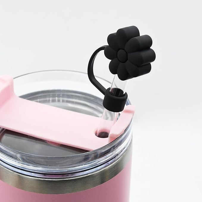 Flower Straw Cover Cap for Stanley Cup Silicone Straw Topper Compatible with 30&40 Oz Tumbler, 4pcs Black Flower
