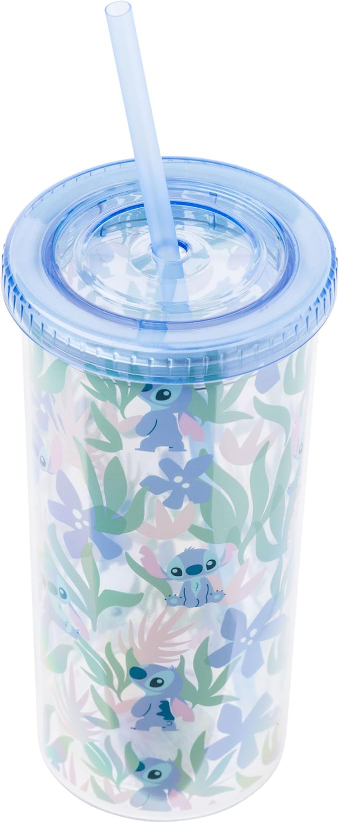 Silver Buffalo Disney Lilo and Stitch Cute Floral and Leaves Pattern Plastic Tall Cold Cup with Lid and Straw, 20 Ounces