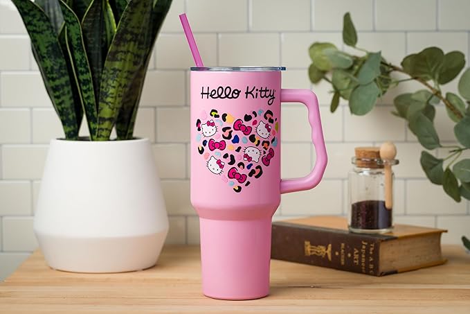 Silver Buffalo Sanrio Hello Kitty Leopard Jungle Cat Print and Bows Heart Stainless Steel Tumbler with Handle and Straw, Fits in Standard Cup Holder, 40 Ounces