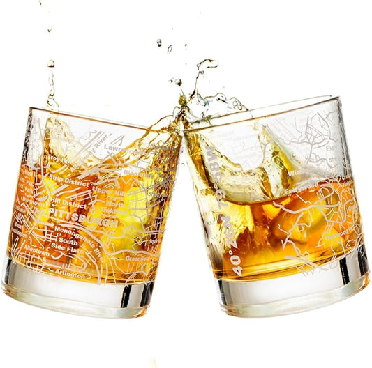 Greenline Goods Whiskey Glasses - 10 Oz Tumbler Gift Set for Pittsburgh lovers, Etched with Pittsburgh Map | Old Fashioned Rocks Glass - Set of 2