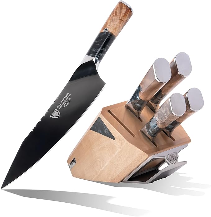DALSTRONG Knife Block Set - 5 Piece - Valhalla Series - Ravenstone Black Blade Titanium Coated - Premium 9CR18MOV HC Steel - Resin & Wood Handle - Razor Sharp - Kitchen Cooking Chef's Knife